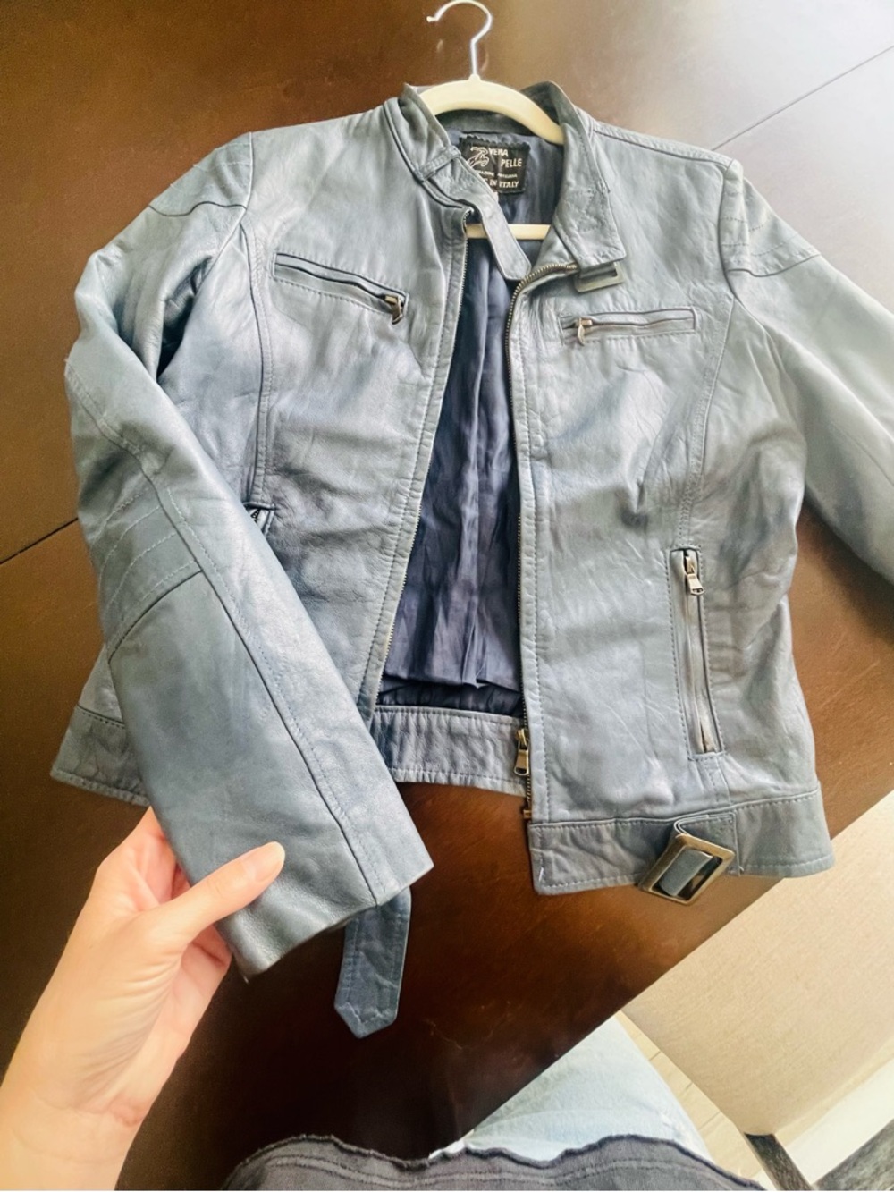 Vera Pelle Women's Slate Blue Leather Moto Jacket